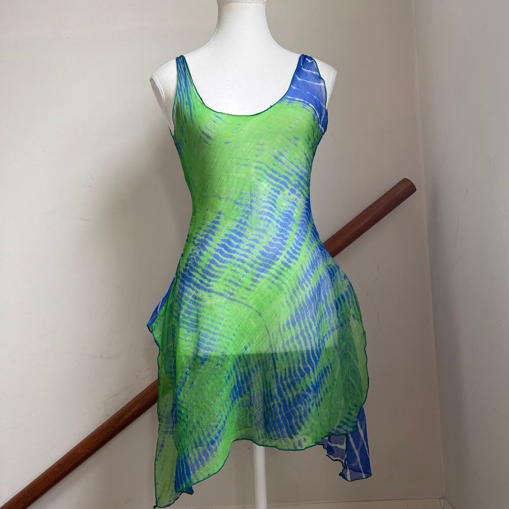 Vintage Mini Dress Tunic Top Tie Dye Sheer Handkerchief Hem 90s Y2K Mesh